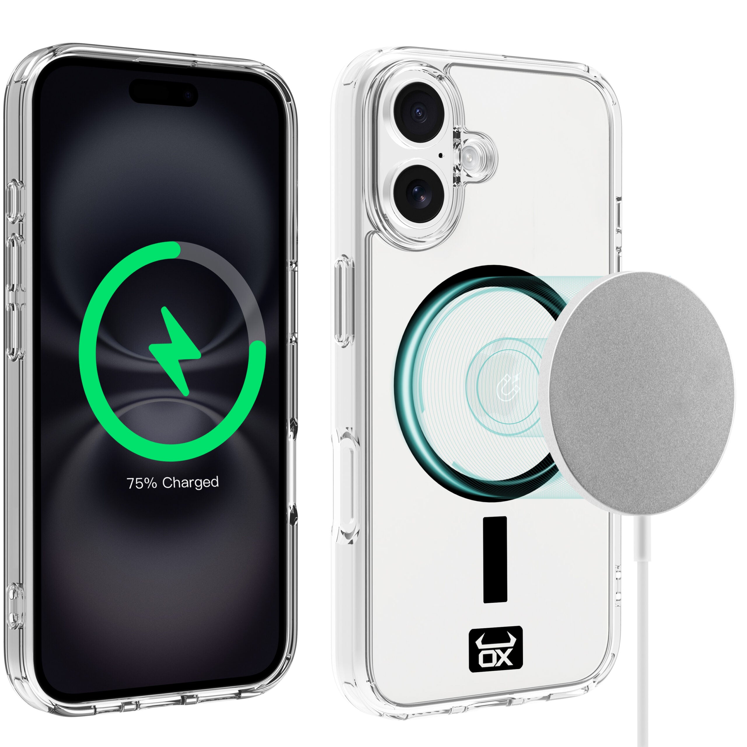 Clear protective phone case with a circular MagSafe-style magnetic ring and a small black DX logo near the bottom, shown beside a smartphone displaying a green charging icon. A gray circular magnetic pad is shown floating to the right, likely illustrating the magnetic accessory.